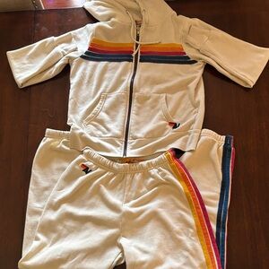 Aviator Nation Cream Pants & Zip up Sweater with Stripes